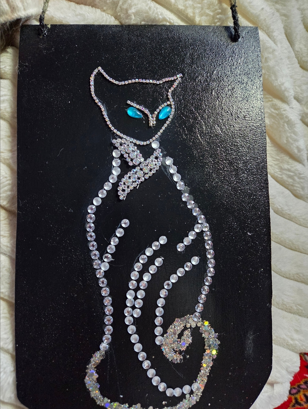 Crystal Cat Wall Hanging - Black with Blue Accents Hand Crafted 7 X 11